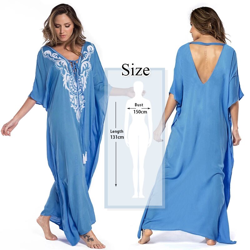 Marokkaanse Kaftan Bohemian Gedrukt Zomer Jurk Lange Katoenen Tuniek Vrouwen Plus Size Beach Wear Badpak Cover Up Robe de Plage: Q928-blue