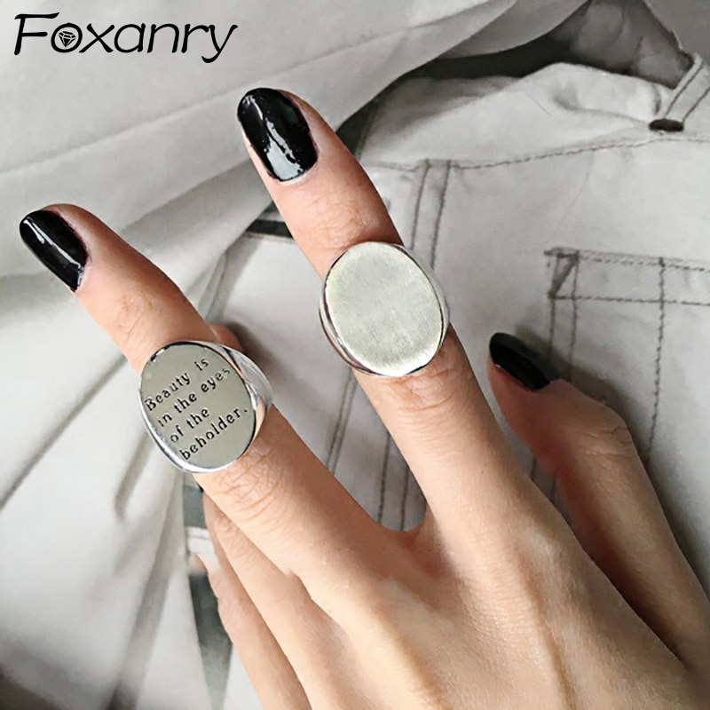 Foxanry Real 925 Sterling Silver Smooth Rings for Women Simple English Letter Wide Round Geometric Party Jewelry