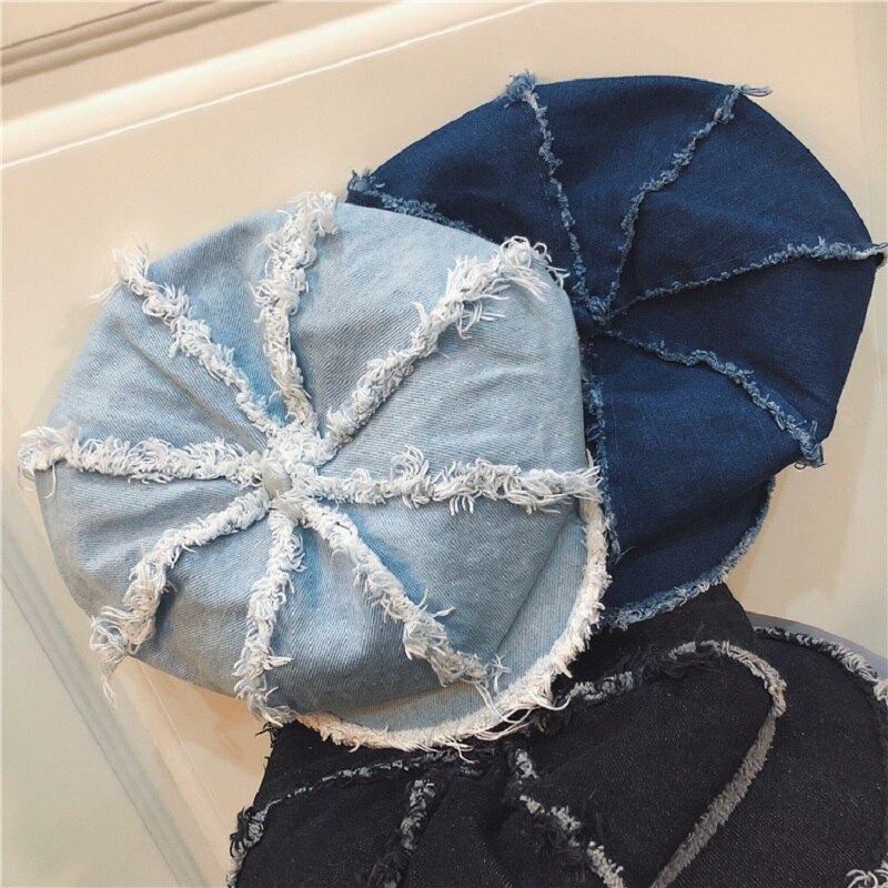 Spring and Autumn Fringed Retro Denim Octagonal Hat with Band Vintage Distressed Peaked Newsboy Cap for Women Tassel Baker Boy