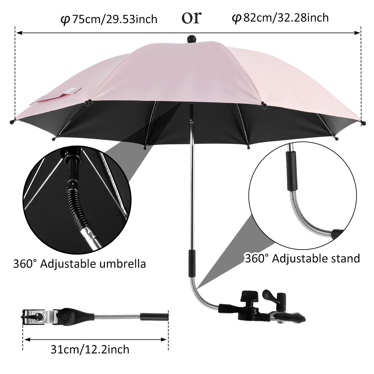 Strandkorb Regenschirm UV-Schutz Kinderwagen Regenschirm 360 ° verstellbarer Stuhl Sonnenschirm mit Klemme Sonne Regenschutz und wind dicht