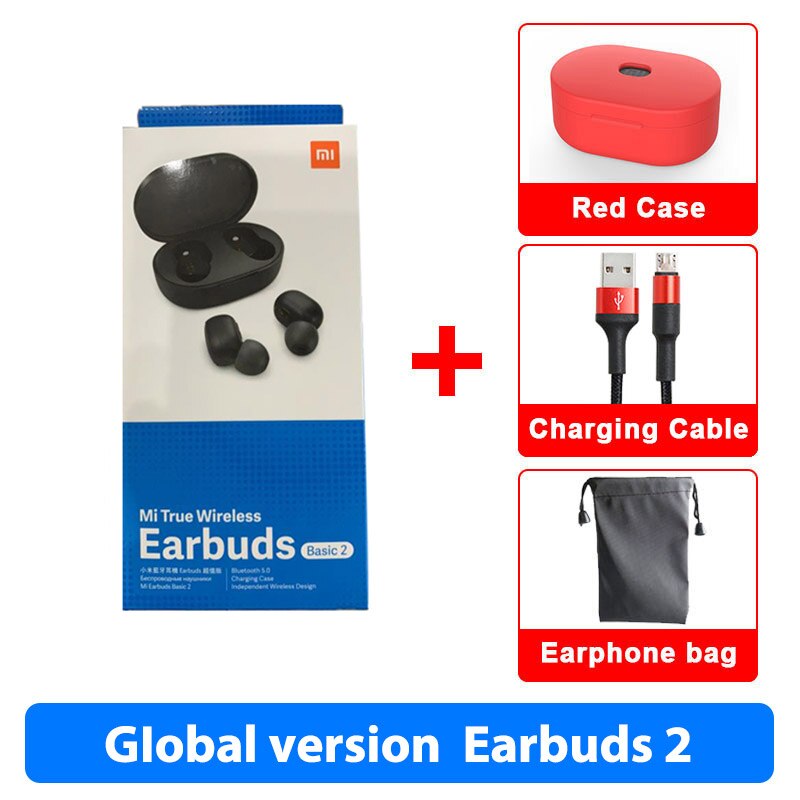 Global Version Xiaomi Redmi AirDots 2 Bluetooth5.0 Low Lag Mode TWS Bluetooth Earphone Headset BT5 True Wireless Stereo Auto: 2 GL Cable N Red