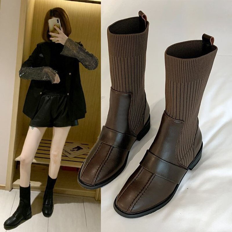 Stretch knitted sock boots women sewing chunky heels mid-calf bottes femme patchwork med high heels riding botas ladies slim leg