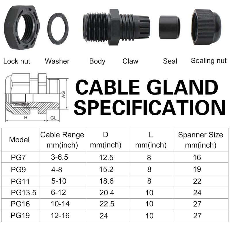 50PCS Waterproof Black Cable Gland Adjustable 3-16mm Cable Connectors PG7 PG9 PG11 PG13.5 PG16 PG19 Plastic Cable Gland Joints