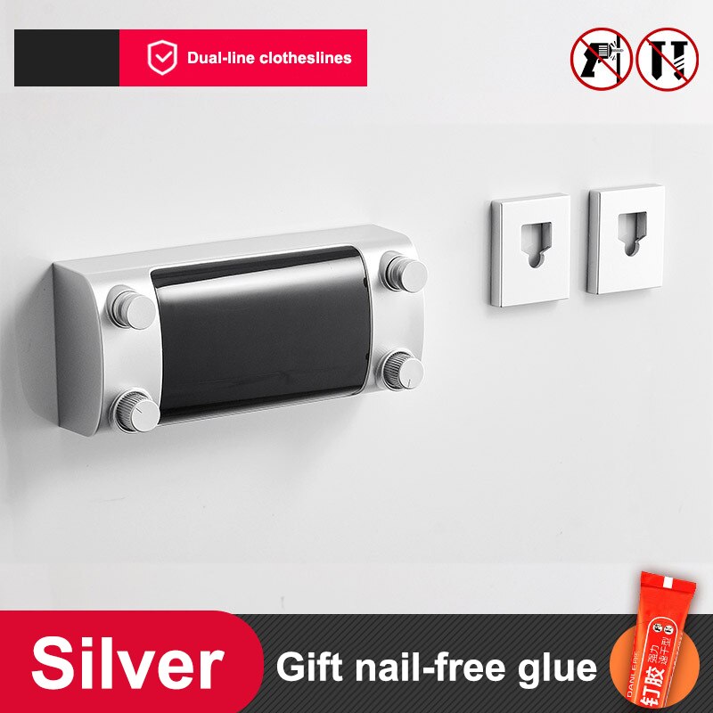 Retractable Clothes Line Double Layer Clothes Hanger Rope Stainless Steel Wall Hanger Cloth Drying Rack Towel Rack Clothesline: Silver