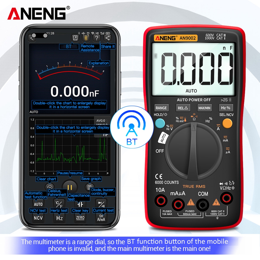 Aneng AN9002 Multimeter Bluetooth Digitale Multimeter 6000 Telt Multimetrotrue Rms Ac/Dc Stroom Spanning Tester Auto-Range