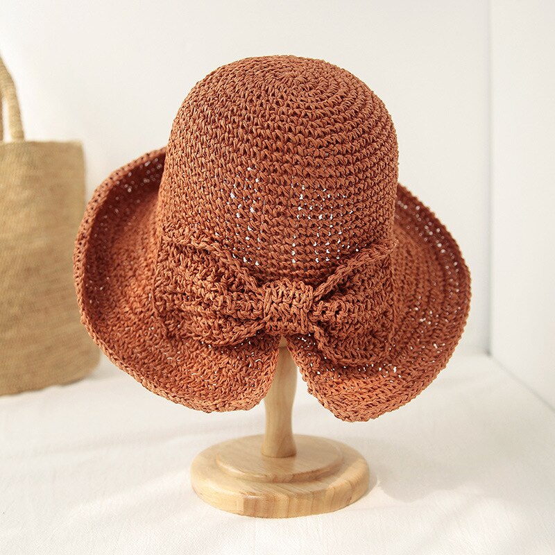 Women Lady Straw Foldable Bucket Hat Bowknot Wide Brim Cap Breathable for Outdoor Fishing Beach Sun Fisherman Hats Summer