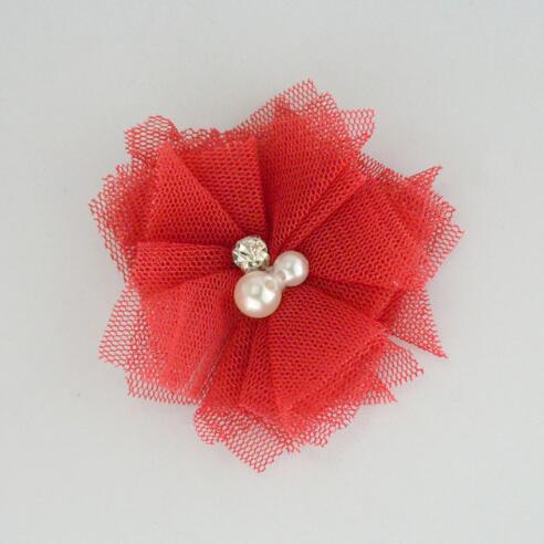 10 stks/partij 2.5 ''Mini Tulle Mesh Bloemen Met Strass Pearl Center Poof Bloemen Hoofdband Haar Accessoires: 13 red