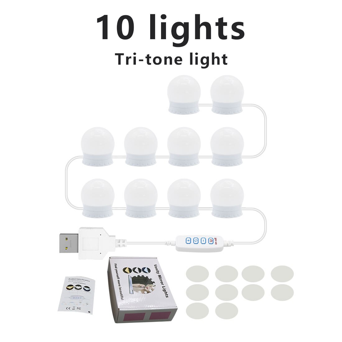 Led Make-Up Spiegel Licht Usb 14 Lampen Kaptafel Ijdelheid Lamp Led Cosmetische Verlichting Traploos Dimbare Badkamer Spiegel Lamp: 10 Pcs Tri color