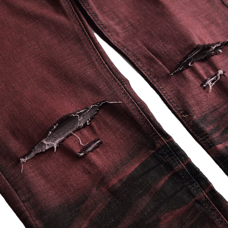 Mannen Slim Stretch Jeans Biker Gat Gescheurd Cowboy Broek Mannelijke Rode Wijn Broek