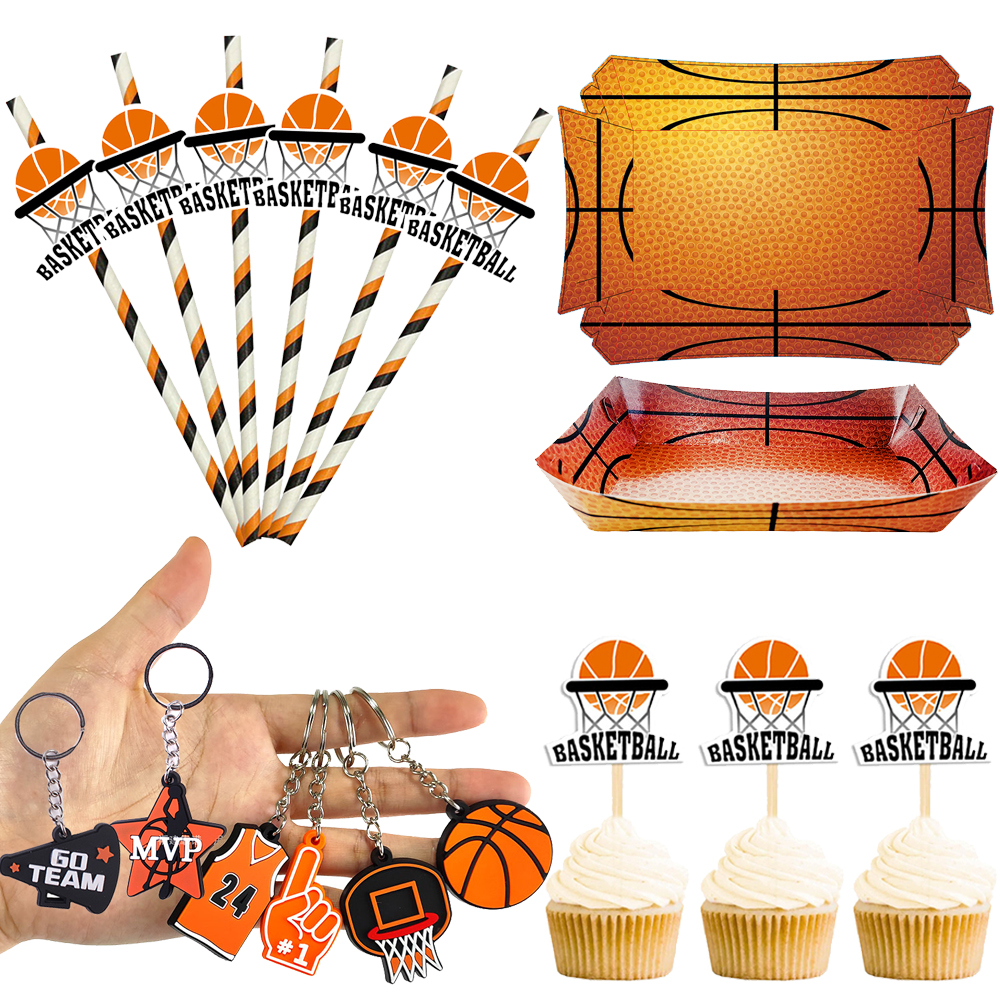 Suministros de de cumpleaños de baloncesto, recuerdos, pajitas de papel de baloncesto, adornos para magdalenas, llavero, caja de barco, decoración deportiva para de baloncesto