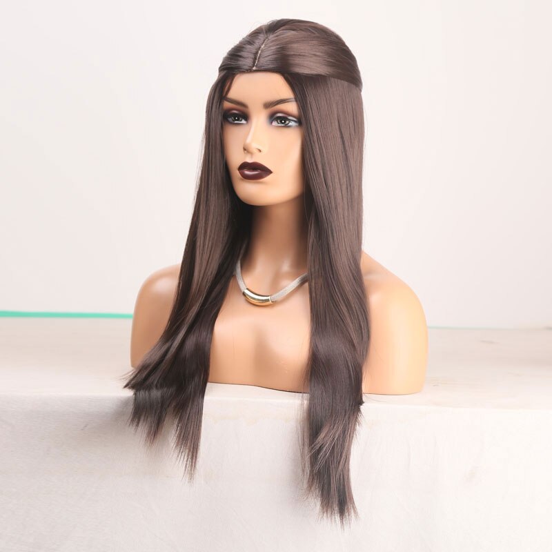 Bombshell Dark Brown Silky Straight Synthetic Hair Wig Glueless Heat Resistant Fiber Hair Middle Parting For Women Wigs