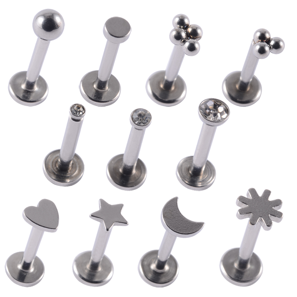 Pendientes de Labret de acero quirúrgico, Piercing de labio de formas mixtas, estrella, Luna, corazón, oreja, cartílago, Tragus, joyería con rosca interna, 9 unidades por lote