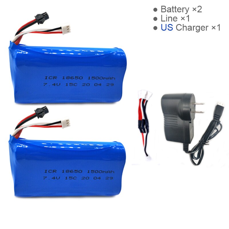 7.4V 1500mAh Lipo Battery for WPL MN99S D90 U12A S033g Q1 H101 7.4V 18650 SM Battery Rc Boats Cars Tanks Drones Parts: 2B 3in1 line US Adp