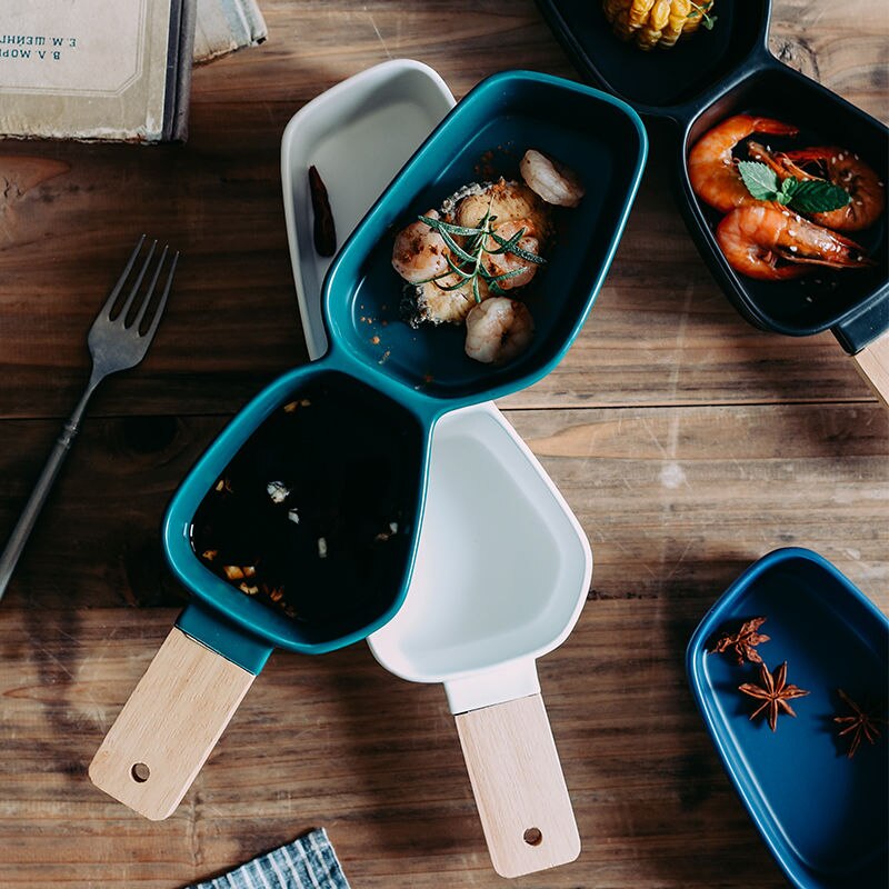 Ceramic divided bowl matte two-grid handle bowl salad bowl wooden handle dessert fruit bowl children's breakfast bowl