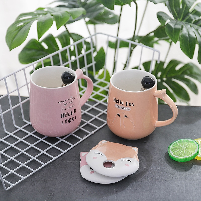 420ml Fox Shape Ceramic Mug Cartoon Animal Coffee Mugs with Lid Spoon Tumbler Cup Novelty for Christmas