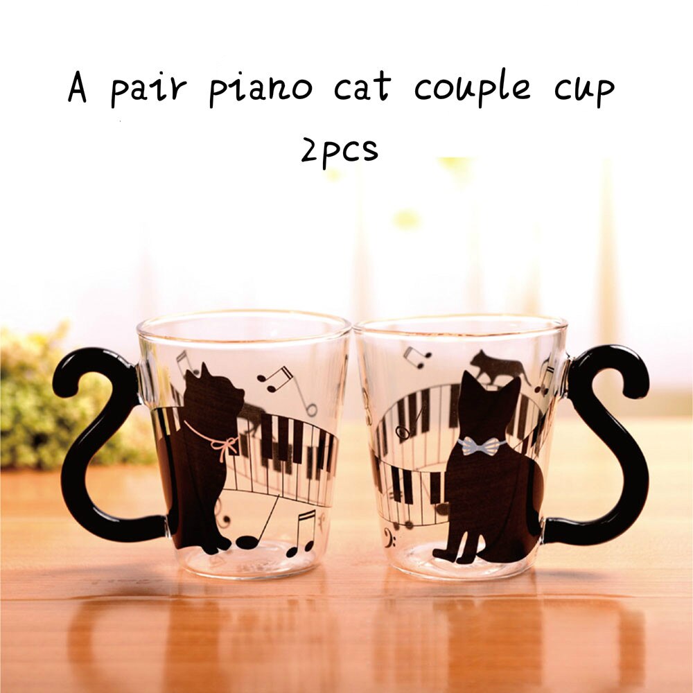 Tasse en verre de café en forme de chat mignon, tasse créative pour Couple, amoureux, poignée en queue de chat, tasse à lait, meilleur pour Couple: Piano cat couple cup