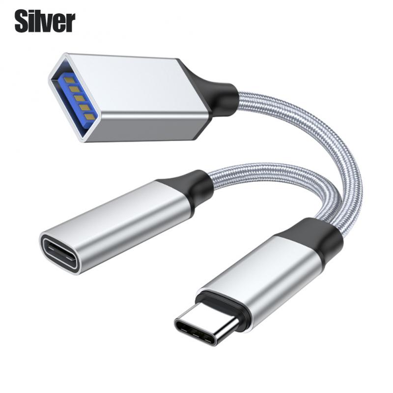 2 IN 1 USB C OTG Cable Adapter Type C to USB3.1 PD 30W Fast Charger Port with USB Female Splitter Adapter for Samsung Xiaomi: green