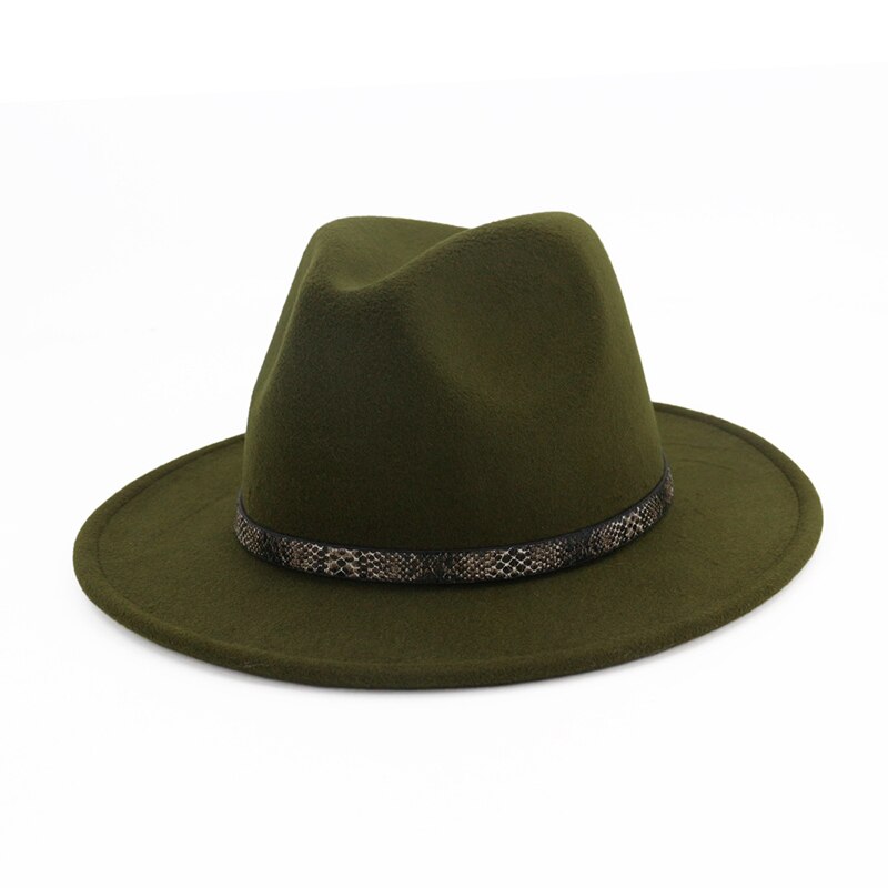 QBHAT femmes hommes à large bord laine feutre chapeau disquette Jazz casquette Panama Fedora chapeaux avec serpent Grain cuir Trilby QB57: Vert armée