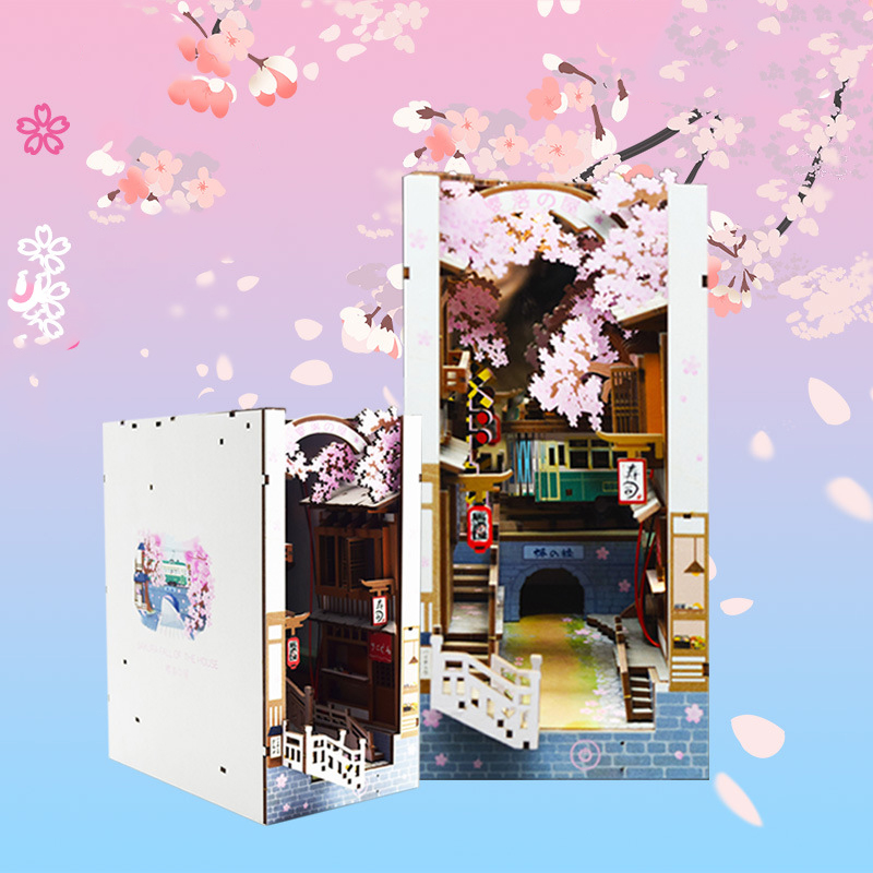 DIY Holz Buch Winkel Regal Einsatz Bausätze Miniatur Kirschblüte Buchstützen Japanische Puppe HäNutzer Spielzeug Bücherregal Wohnkultur
