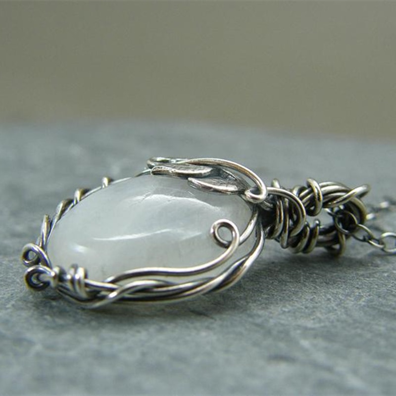 Pendant Necklace Silver Color Chain Moonstone Necklaces for Women Female Jewelry for Girl