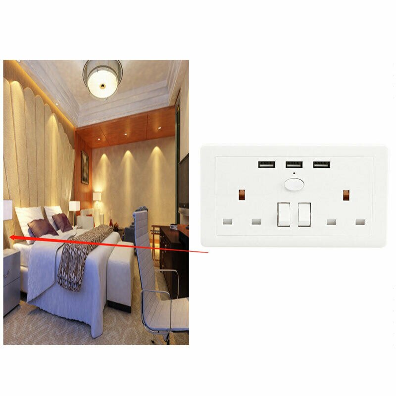 Double Wall Socket 2 Gang Plug 13A with 3 USB Port Charger Outlets White Plate