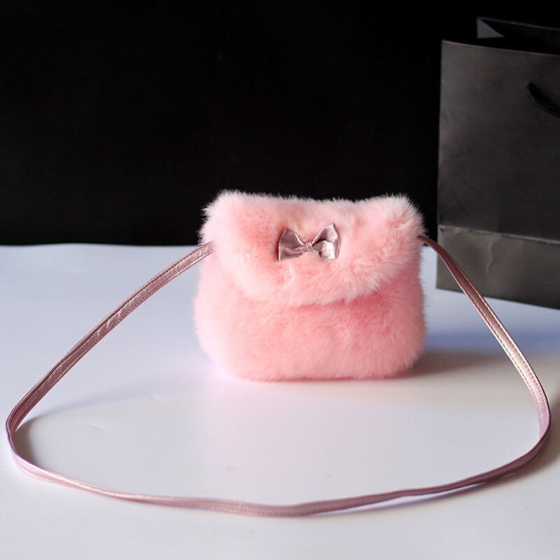 Children Furry Now Bags Warmly Girls Cross Body Mini Purse Bowknot Artificial Fur Bag Kids Birthday: Pink