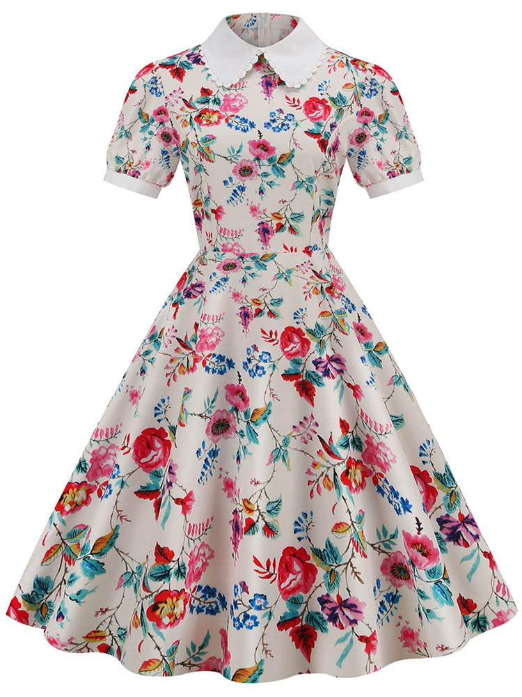 Floral Printed Summer Dress for Women Peter Pan Collar Vintage Midi Sundress Casual Party Dress with Puff Short Sleeves: S / PURPLE