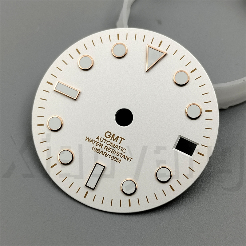 29mm Glossy Watch Dial Black White blue Dial Green Blue Red Orange GMT Text Black Gold Rose Edge Fit NH34 Movement C3 Luminous: Magenta