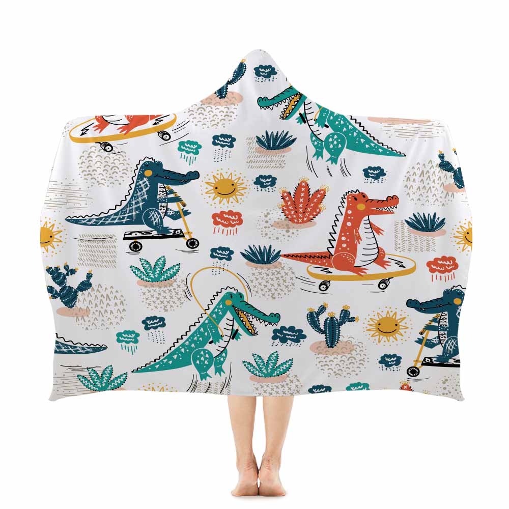 Miracille trykt dinosaur håndklæde med hætte tegneserie kaktus mikrofiber bærbart badehåndklæde til svømning pool rejse strand wrap: 001 / 150 x 130