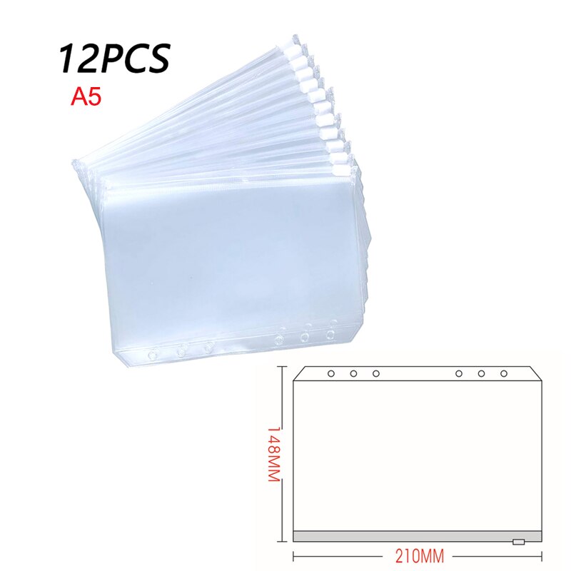 A5 A6 A7 12PCS Binder PocketsBinder Zipper Folders for 6-Ring Notebook Binder Transparent Loose Leaf Pouch Document Filing Bags: A5 14.8x21cm