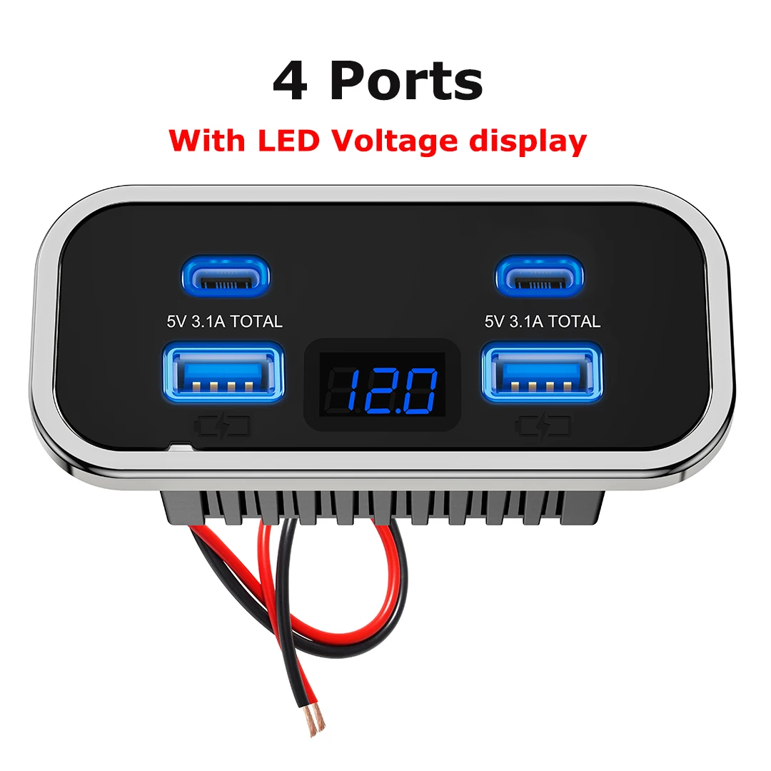 4 bærer, 12v usb-uttak til bobil  pd3.0 76w doble hurtigladere av type c og  qc3.0 panelmonterte veggladeradaptere til marin buss, atv og lastebil: Svart