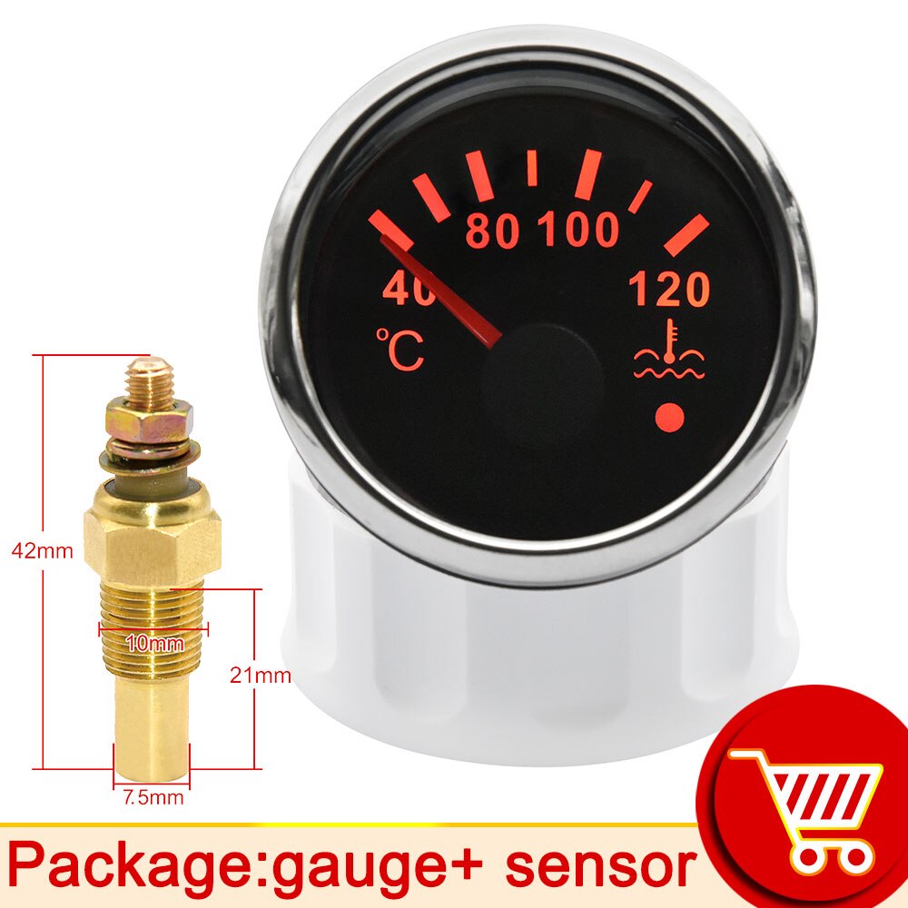 52mm Water Temp Gauge with Alarm Light 40-120℃ Truck Moto Car Temperature Sensor 10mm Water Coolant Temperature Sensors Adapter: only gauge