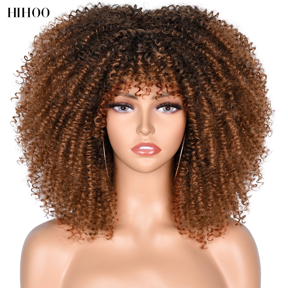 Short Hair Afro Kinky Curly Wigs With Bangs For Black Women Cosplay Lolita Synthetic Natural Blonde White Pink Blue Green Wig: 4p-30