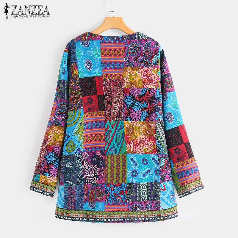 ZANZEA ethnique imprimé Cardigan mince manteaux à manches longues Blusas femmes vestes décontracté O cou ouvert Stich pardessus grande taille