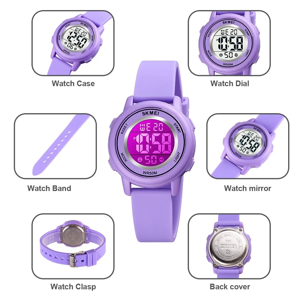 SKMEI 1721 Bunte LED-Digital-Armbanduhr für freundlicher, wasserdicht, Alarm, Kinderuhren, Montre Enfant, Jungen- und Mädchen-Sport-Kinderuhr