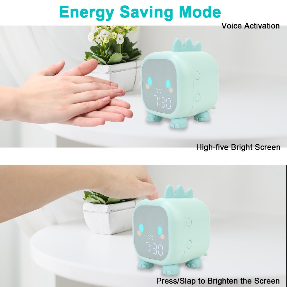 HOOMIN Kids Alarm Clock Children's Sleep Trainier Digital Cute Dinosaur Bedside LED Clock With Voice Control Temperature Display
