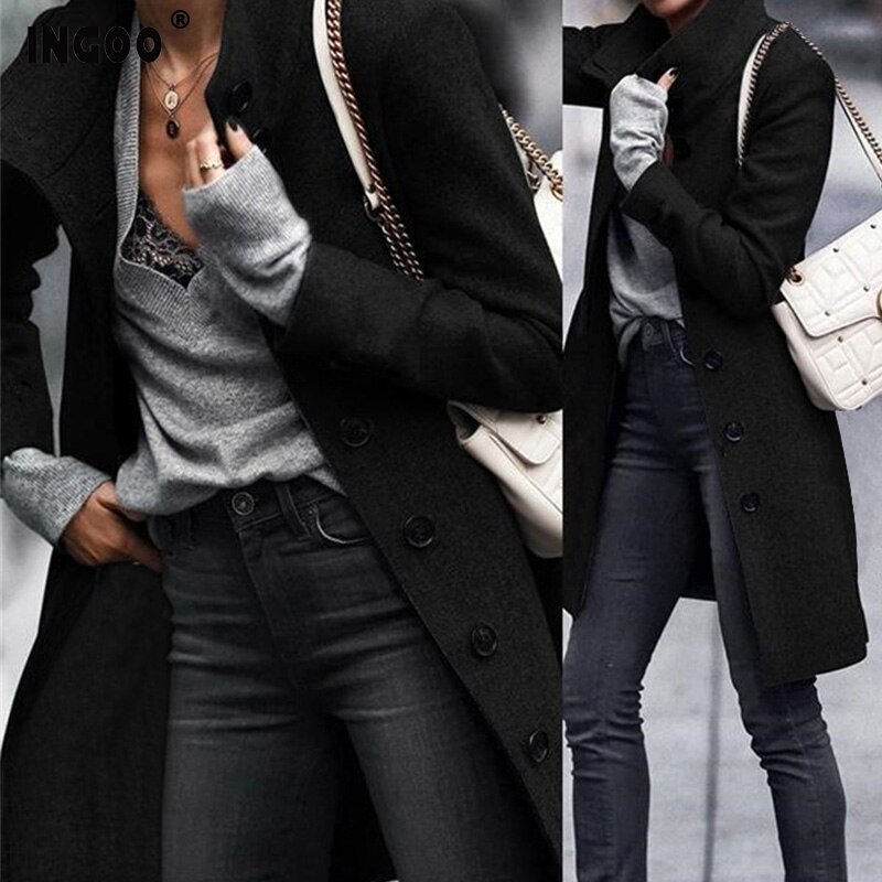 INGOO Autumn Women Long Wool Trench Coat Feminino Office Ladies Caots Winter Casual Vintage A Line Solid Overcoats Femala