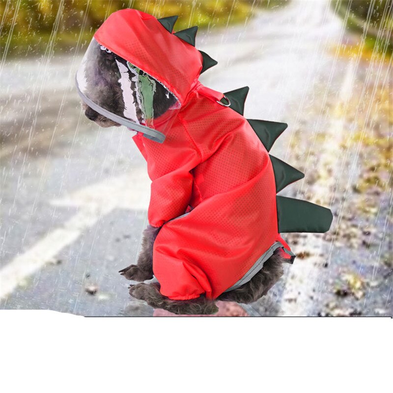 Pet Dog Raincoat Waterproof Reflective Dinosaur Cosplay Breathable Four Legs Small Dog Clothes Hooded Rain Coat Ropa Perro: Red / M