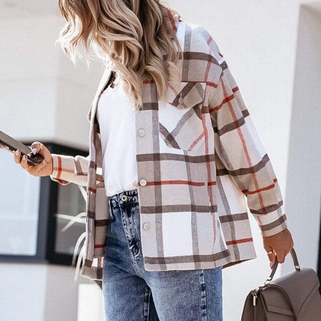 Winter Khaki Plaid Jacket Coat Women Streetwear Long Leeve Thick Wool Coat Pocket Oversized Lapel Autumn Shirts Coats