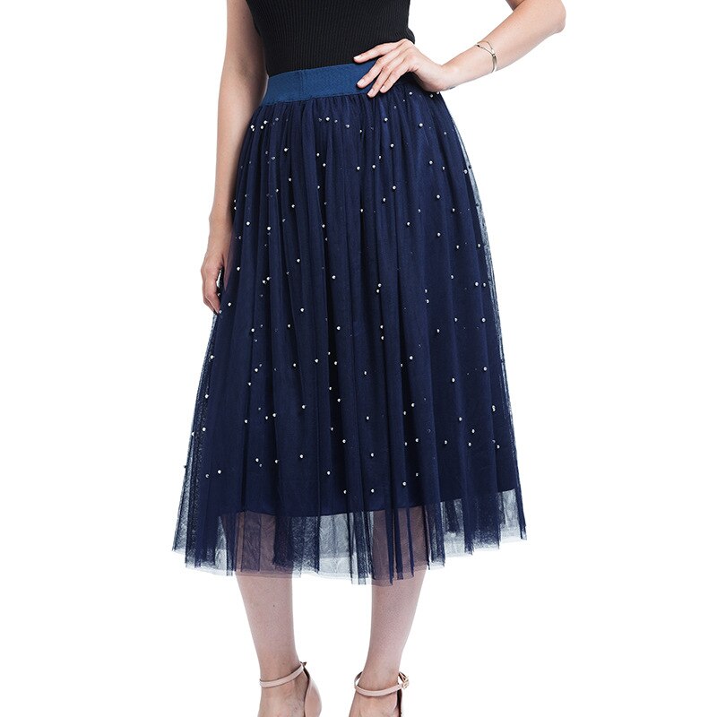 3 Layers Tulle Beading Women Skirts Spring Mesh Tulle Skirt With Bead Tutu Elastic Waist Pleated Skirt: navy blue