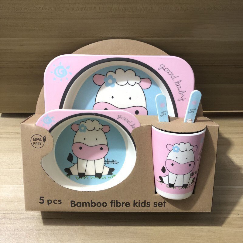 5pcs/set Baby Dish Tableware Children Cartoon Feeding Dishes Kids Natural Bamboo Fiber Dinnerware With Bowl Fork Cup Spoon Plate: Type 26