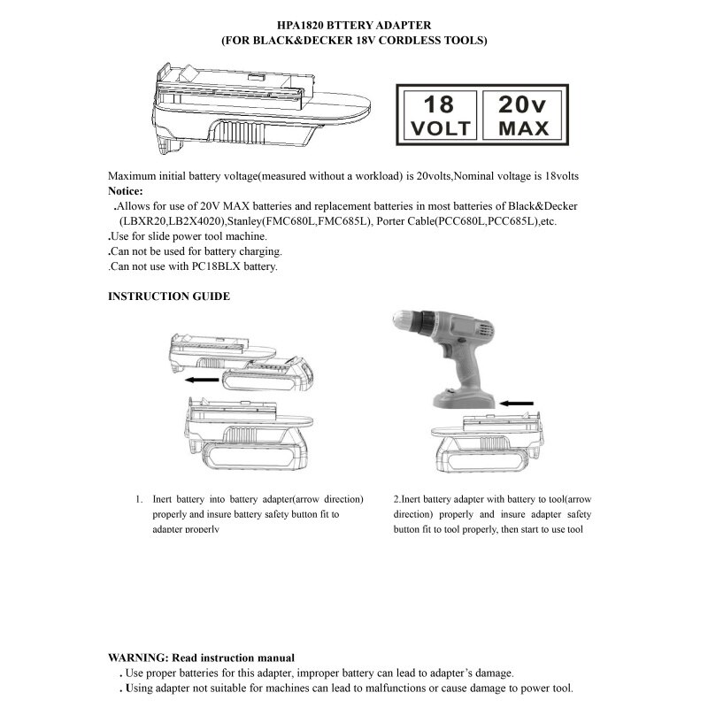 Hpa 1820 20v batteri konverter adapter til sort decker/stanley/porter kabel 20v max lithium batteri til black decker 18v ni-mh bat