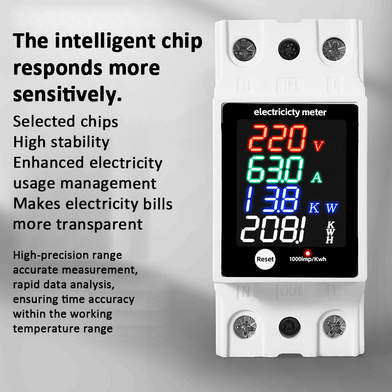 Digital Energy Meter Din Rail Electricity Usage Monitor AC30-400V Voltmeter Ammeter Watt Kwh Frequency Power Meter
