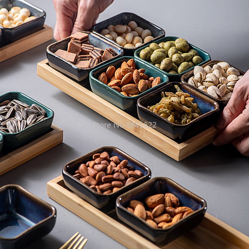 Ceramic Grid Fruit Plate Snack Plate Serving Platter Japanese Small Dish with Tray Home Desktop Dried Fruit Snack Tray