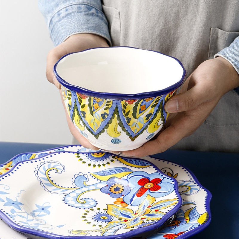 Kinesisk keramik porslin handritad blommönster retro salladsskål kopp hem vardagsrum dekoration tallrik