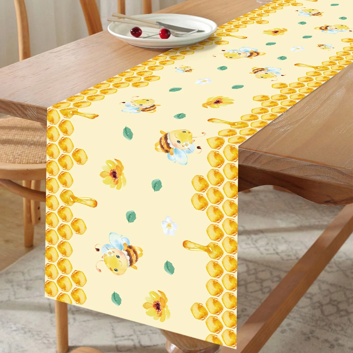 Zomerse bijen- en madeliefjes tafellopers, feestdecoraties, wasbare linnen eettafellopers, tafeldecoratie voor een verjaardag (jongen of meisje).: 32*210cm / Wit