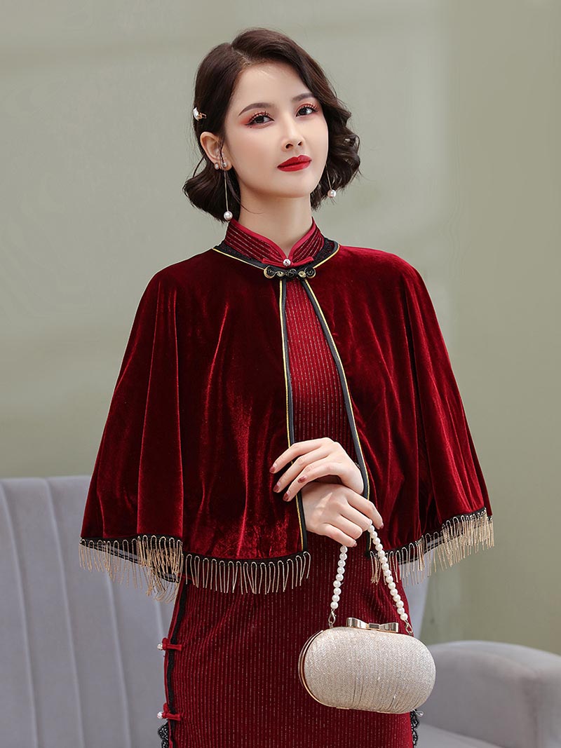 Wine Red Velvet Bridal Shawl Wraps Marriage Formal Party Evening Jackets Wraps Winter Wedding Capes Blue Women Bolero Shrug: Burgundy with tassel