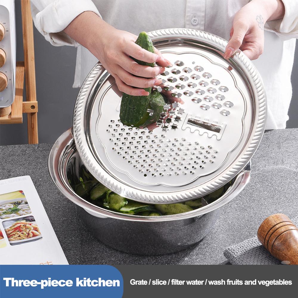 3pcs stainless steel pot vegetable cutter slicer drain basket sieve Kitchen Tool grater strainer Rice Washing Filter