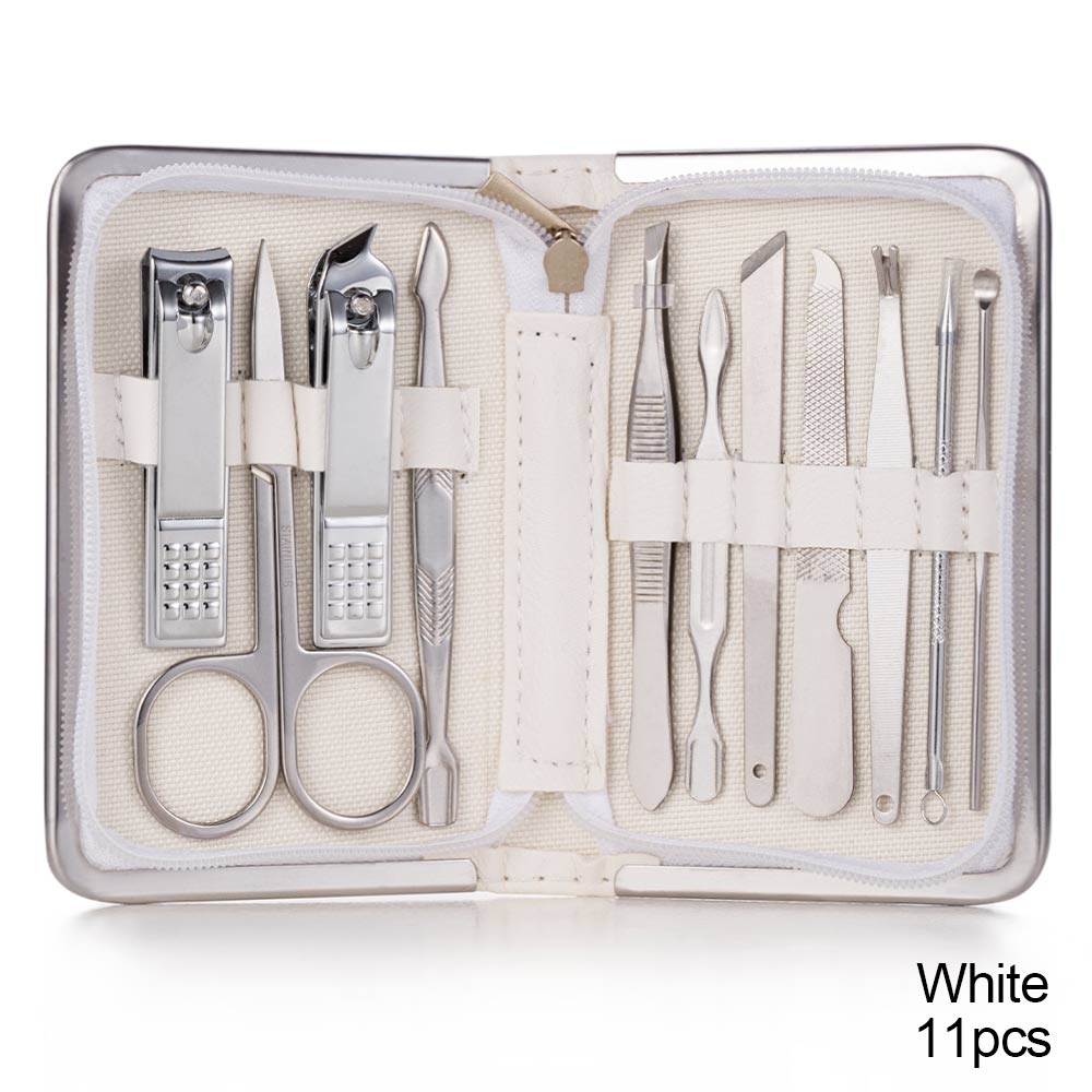 Nail Clippers Set Stainless Full Function Pedicure Tools Kit With Nail Scissors File Acne Needle Tweezers Earpick Manicure Tool: 11 pcs white