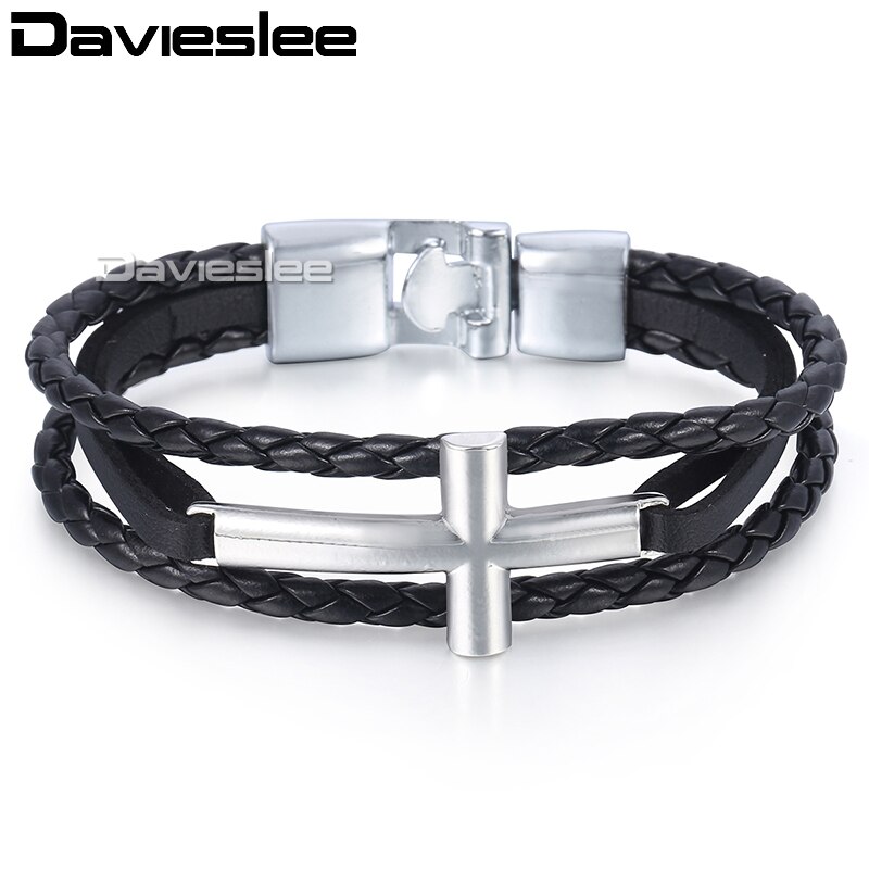Davieslee Womens Mens Chain Cross Charm Bracelet Wristband Man-made Leather Braided Rope Link Black Silver Color 11mm LLBM117